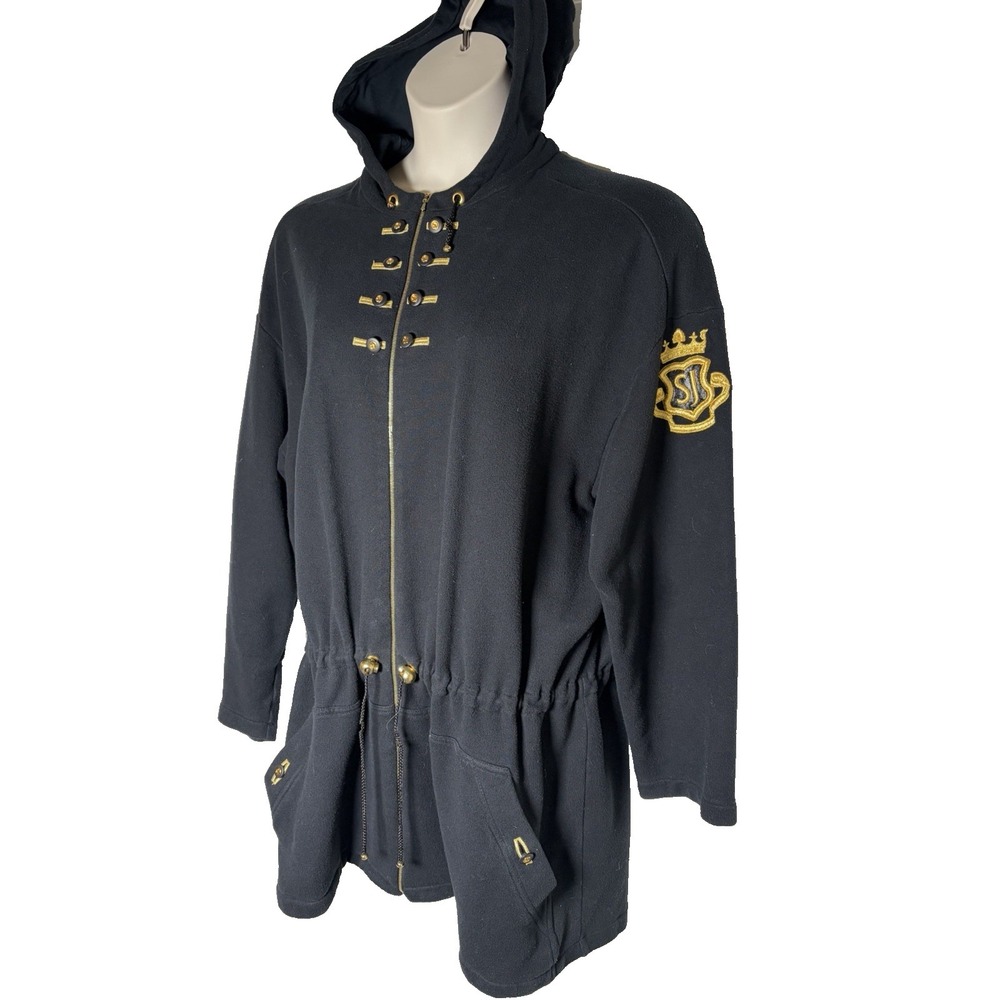 Vtg 80s  ST JOHN Sport Black Zip Hoodie Military Jacket~ L~Knit Gold Crest ITALY